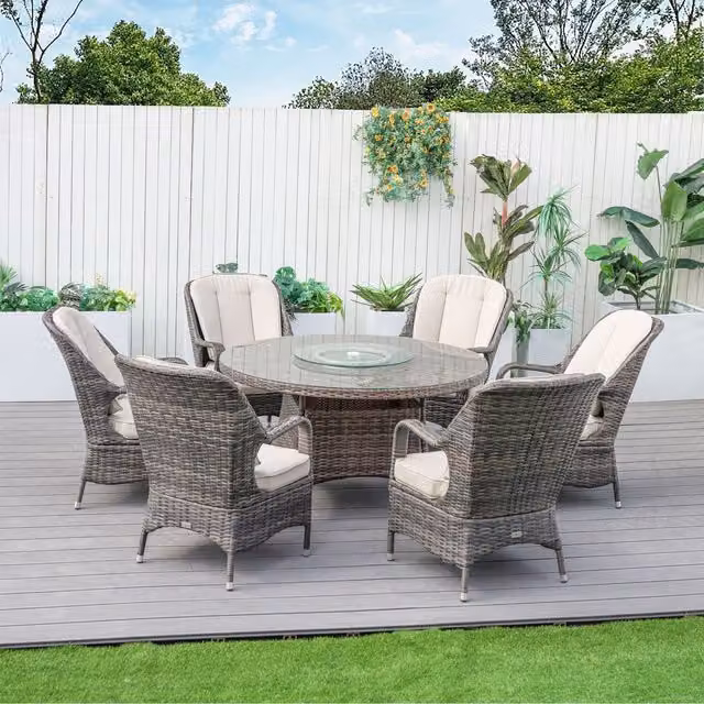 Abrihome 6-Seater Brown Powder Coated Aluminium Round Dining Table Set with Rotating Glass Top