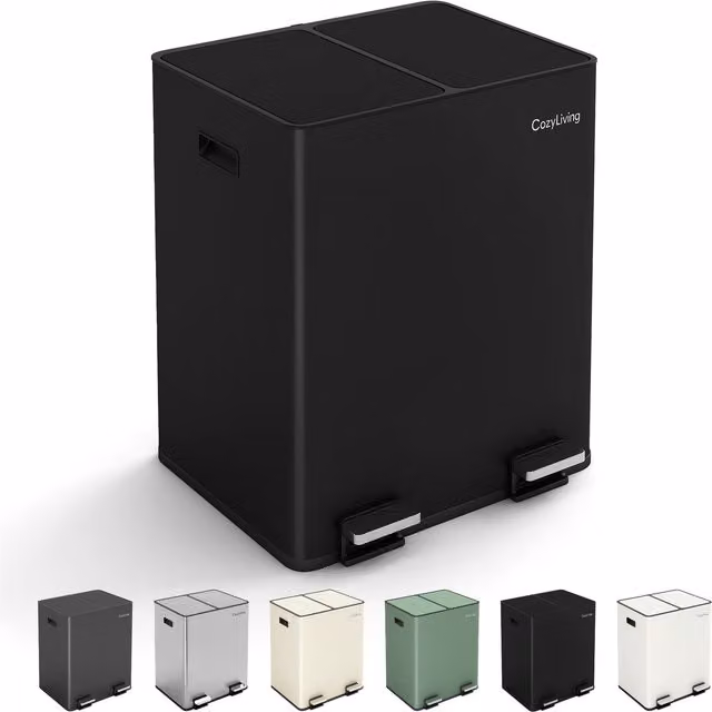 CozyLiving 30L Dual Pedal Bin with Soft Close and Removable Inner Buckets, Black