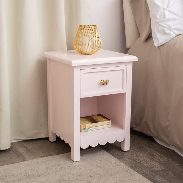 Melody Maison Staunton Pink One Drawer Scalloped Bedside Table in Baby Pink and Gold – 1