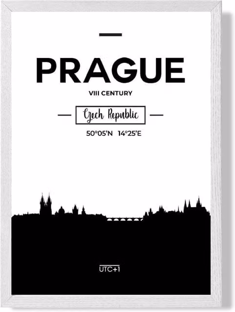 ARTZE Prague Black and White City Skyline Framed Paper Poster in White Frame, A3