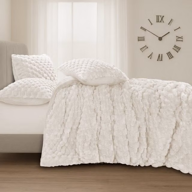 VELOSSO Reversible White Teddy Fleece Winter Duvet Cover Set, W/D/H: 180 x 200 cm