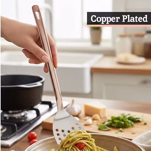 Orsina Stainless Steel Slotted Turner in Copper and Silver with Hanging Loop – 5