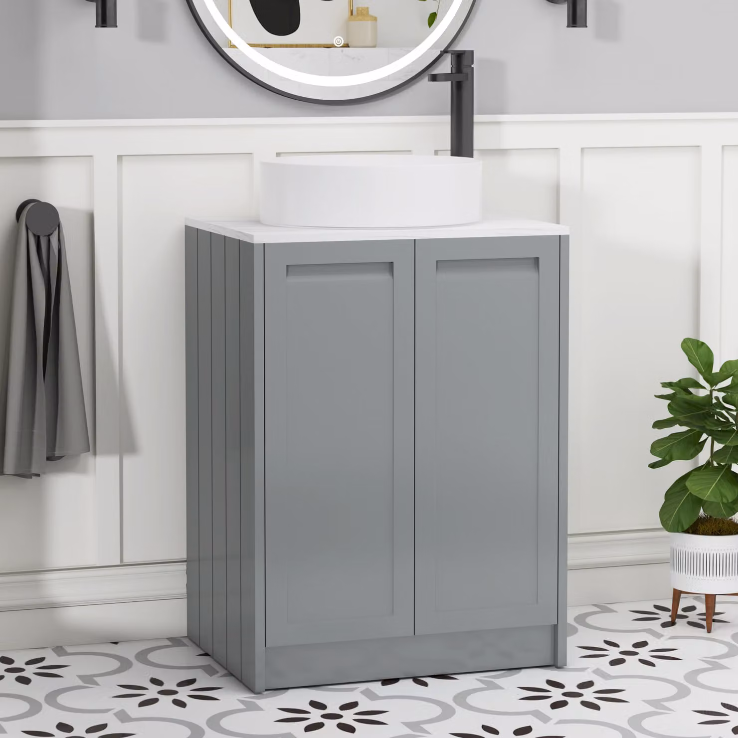 Royal Bathrooms Elmore Matt Pebble Grey Floor Standing Countertop Vanity Unit with Art Basin, W: 60 cm