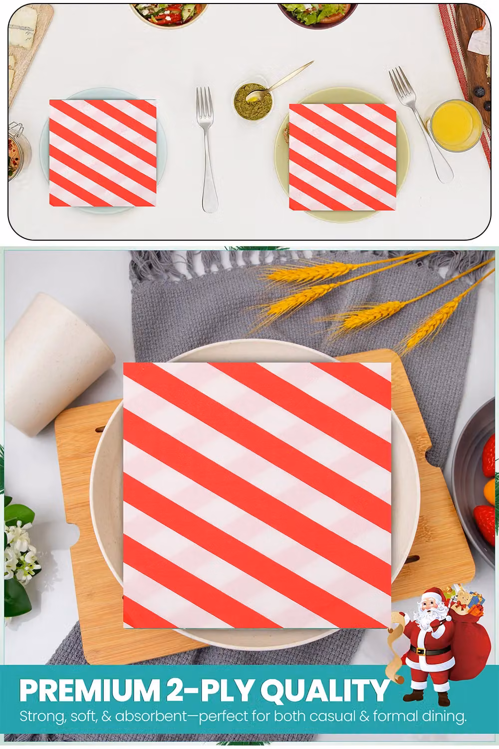 Neel Blue Christmas Party Paper Napkins in White and Red Stripes, 33 x 33 cm – 4