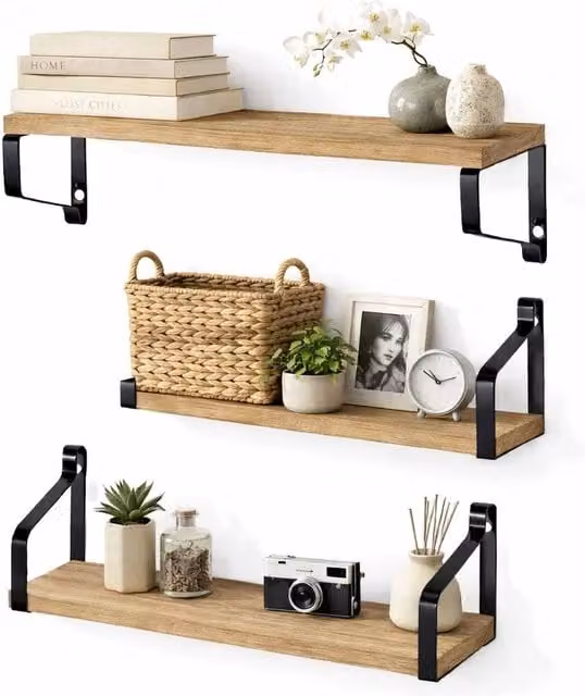 NESTLUNE 3 Pack Rustic Brown Wooden Floating Wall Mounted Shelves, W: 100 cm, D: 15 cm