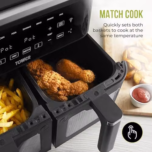 Tower Vortx Vizion 9L Dual Basket Air Fryer with Digital Control Panel, 8 Cooking Pre-sets, Sync and Match Cook Functions, 2400W, Black, T17177, W/D/H: 42 x 40 x 29.6 cm – 5