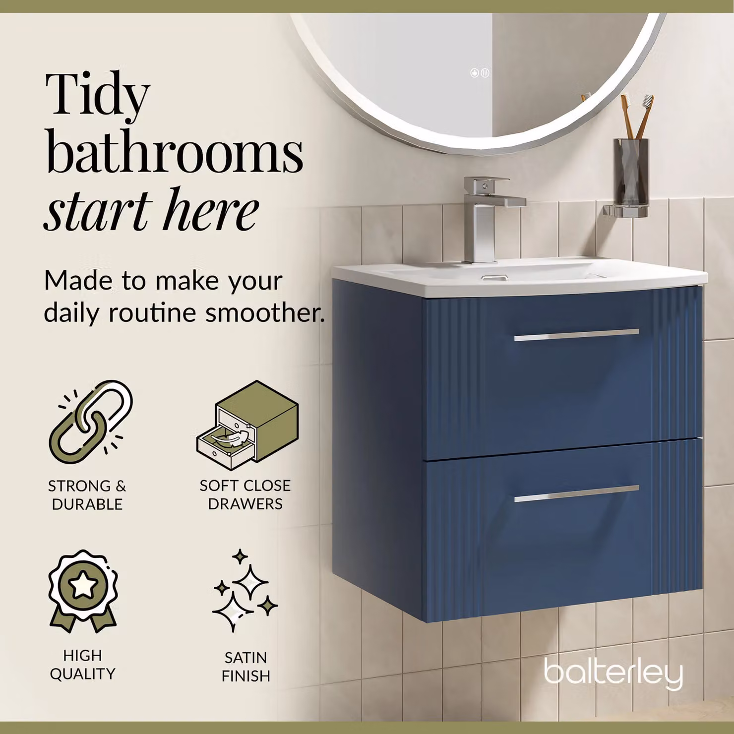 Balterley Wall Hung 2 Drawer Vanity Unit with Curved Basin, Satin Blue – 3