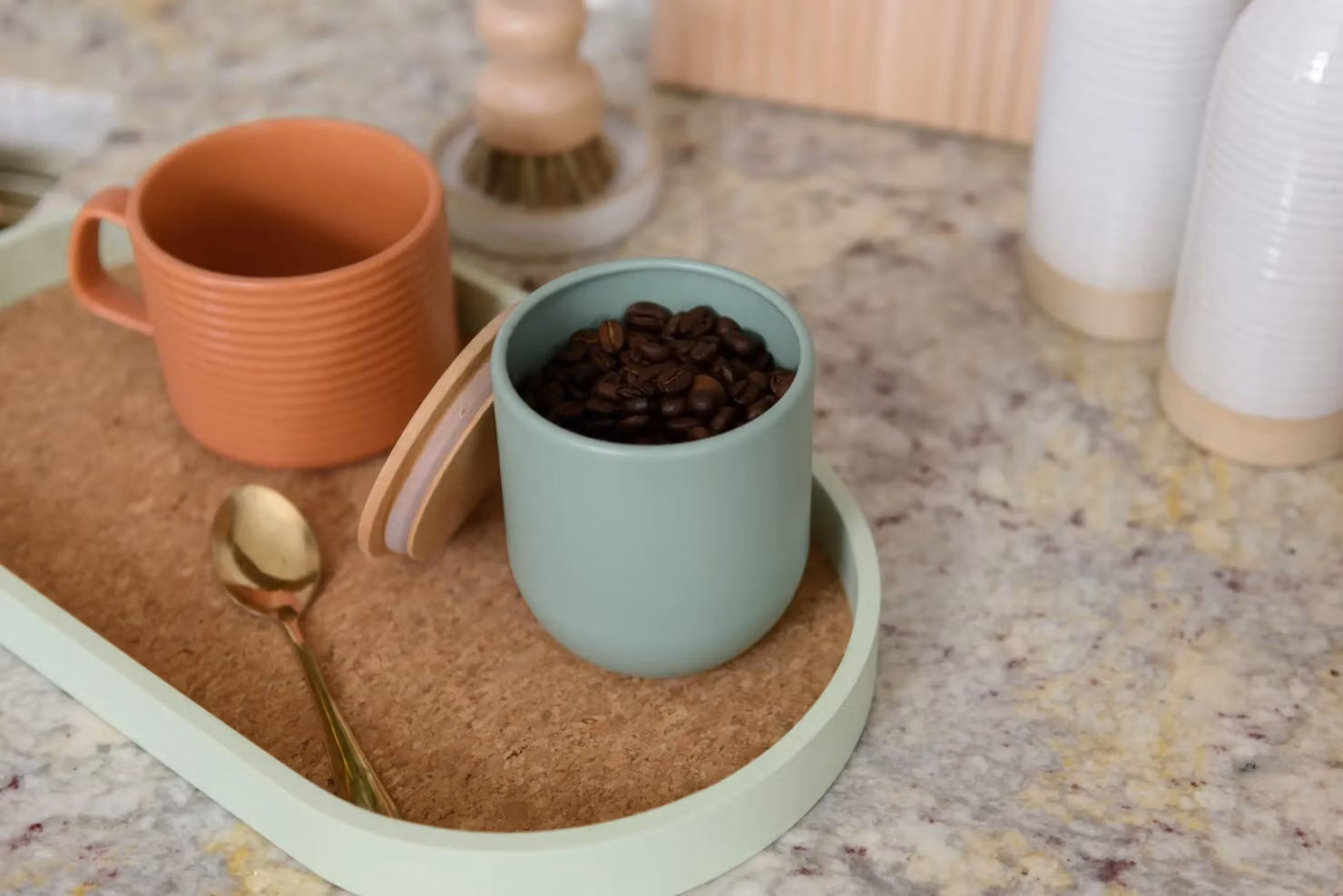 KitchenCraft Idilica Airtight Stoneware Kitchen Canister with Beechwood Lid, Green, W: 9 cm, H: 10 cm – 2