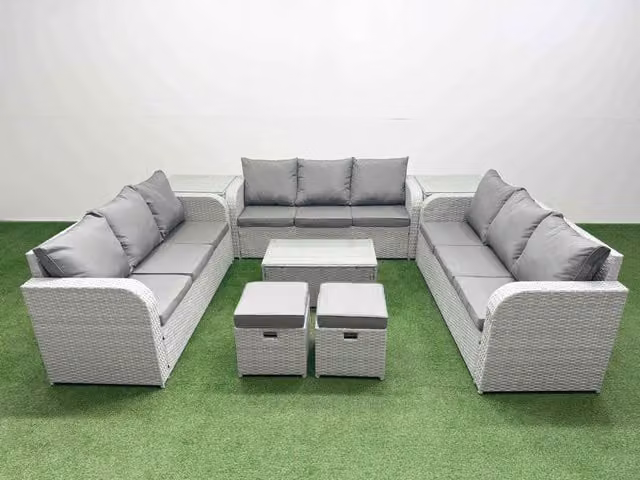 Fimous 11 Seater PE Rattan Outdoor Garden Furniture Set in Light Grey with 3 Seater Sofa, Coffee Table and Ottomans