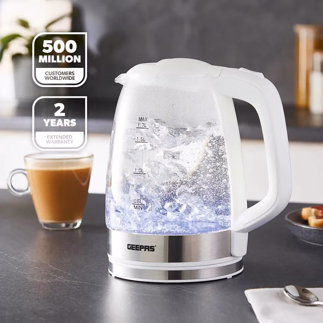 Geepas 1.7L Illuminating Glass Kettle with 2200W Fast Boil and Auto Shut-Off in White with Blue LED – 2