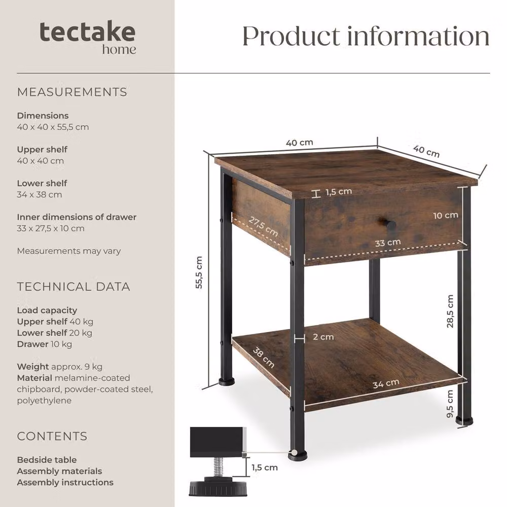 tectake Bradford Bedside Table with Single Drawer in Brown – 6