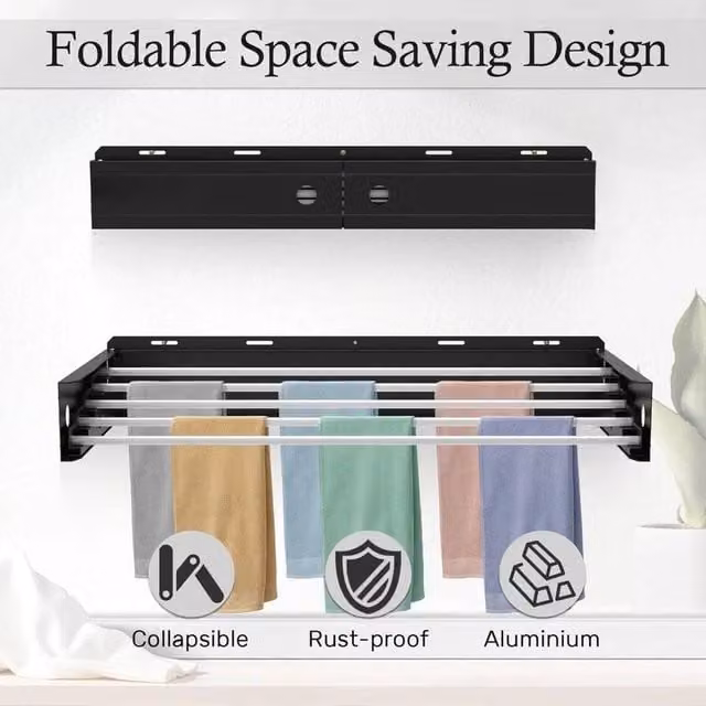 FLAVORA Wall Mounted Foldable Metal Towel Drying Rack and Airer in Black, W: 100 cm, D: 15 cm – 1
