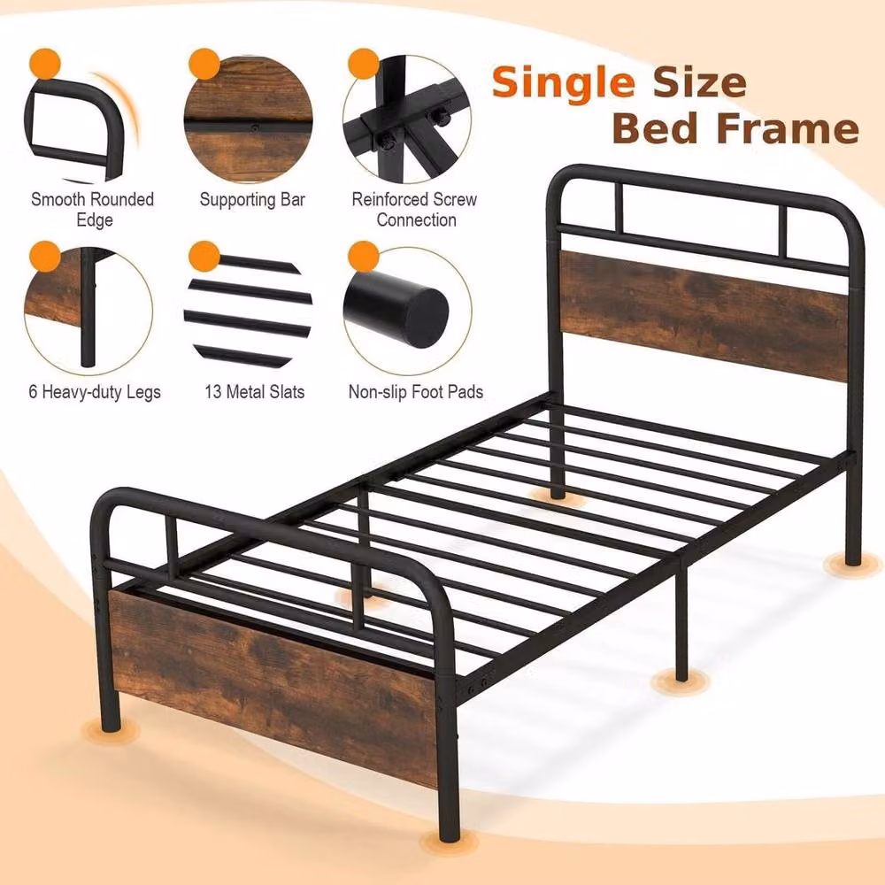 Kelvenix Single Bed Frame with Headboard and Footboard in Black Metal and Wood, W/D/H: 90 x 200 cm – 2