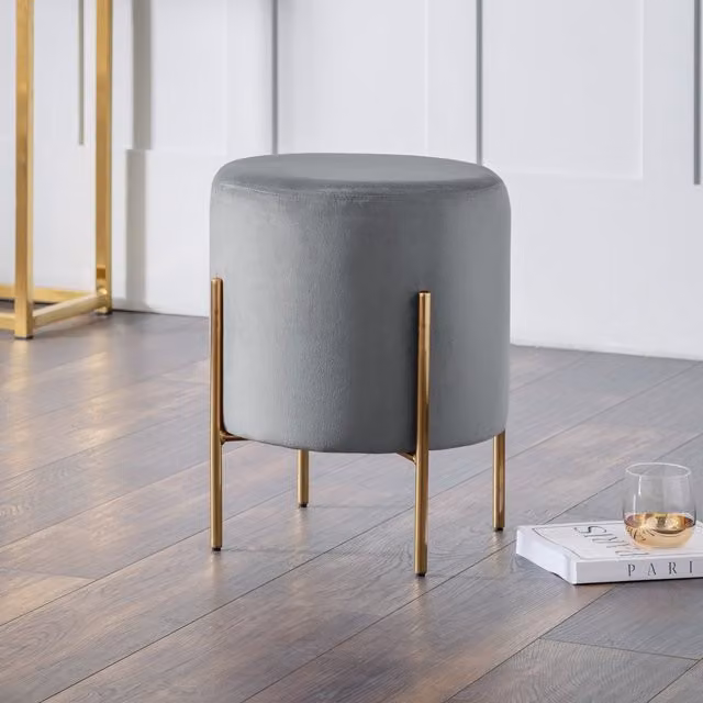 Julian Bowen Harrogate Grey Velvet Fabric Stool with Gold Metal Frame, H 50.5 cm x W 41.5 cm x D 41.5 cm – 1