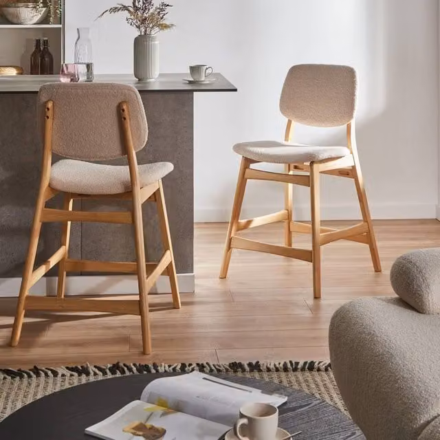 Wyld and Coco Lumira Set of 2 Bar Chairs in Beige Boucle with Light Brown Rubberwood
