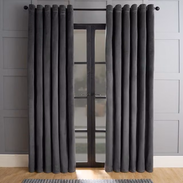 OHS Pair of Matte Velvet Thermal Eyelet Curtains, Anthracite Grey, W: 137 cm, H: 168 cm