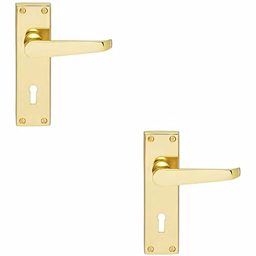 Loops Victorian Flat Lever on Lock Backplate Door Handle, 2 Pairs, Polished Brass, W: 15 cm, H: 4.2 cm