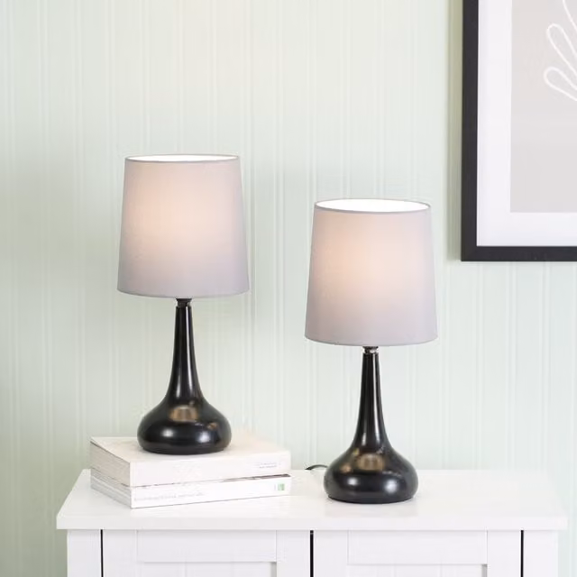 ValueLights Teardrop Pair of Black and Grey Touch Table Lamps with Fabric Shades and Bulbs Included