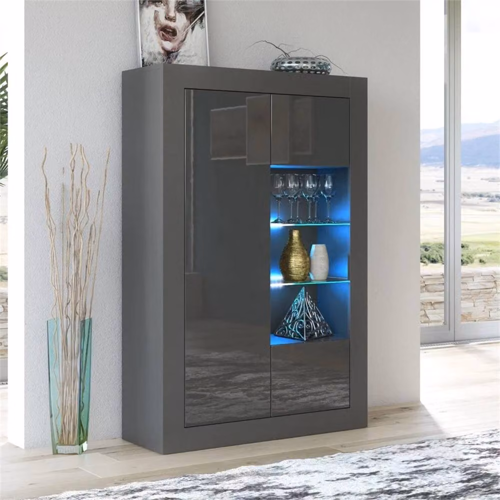 FORGEVIO Modern Grey Matt and Gloss Sideboard Cabinet with Integrated Lighting and Glass Compartments – 4
