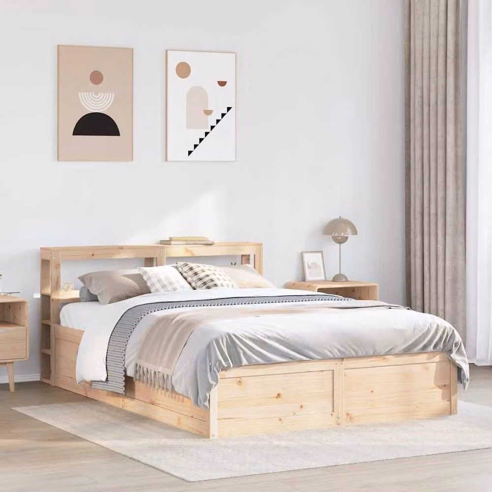 Berkfield Home Rustic Solid Wood Pine Bed Frame with Headboard and Bedside Shelves, Beige, W/D/H: 140 x 190 cm – 2