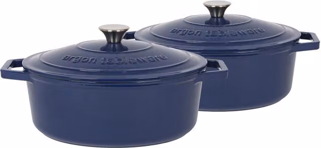 Argon Tableware 2x Oval Cast Iron Casserole Dishes with Self Basting Lids, Blue, 4.68L – 1