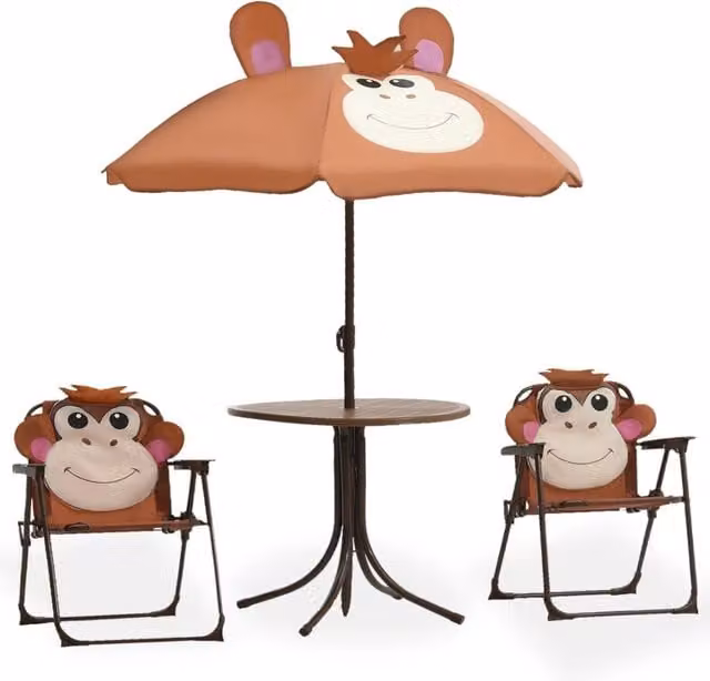 Berkfield Home 3 Piece Kids Garden Bistro Set with Parasol in Brown Metal
