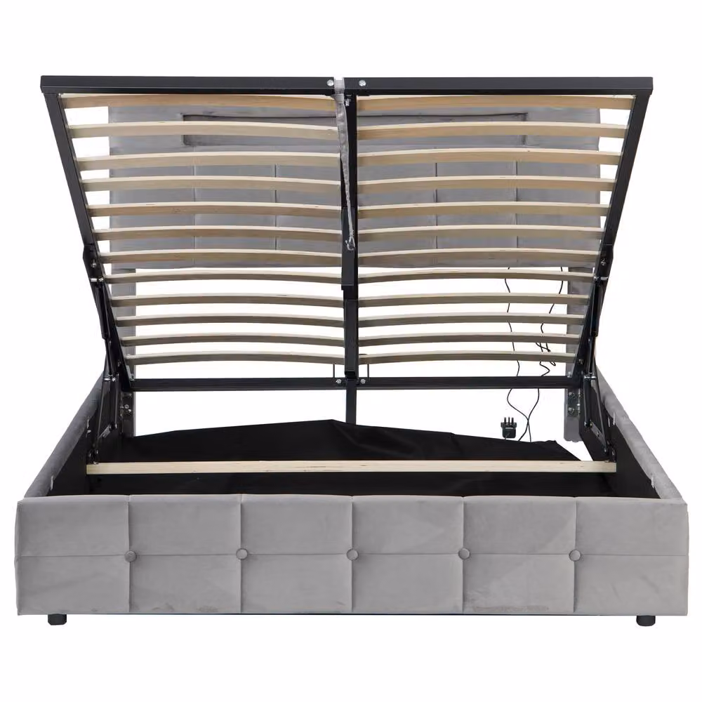 BTM Grey Velvet Double Bed with Hydraulic Storage, LED Lighting and USB Charging Headboard, W/D/H: 142 x 190 x 39.5 cm – 5