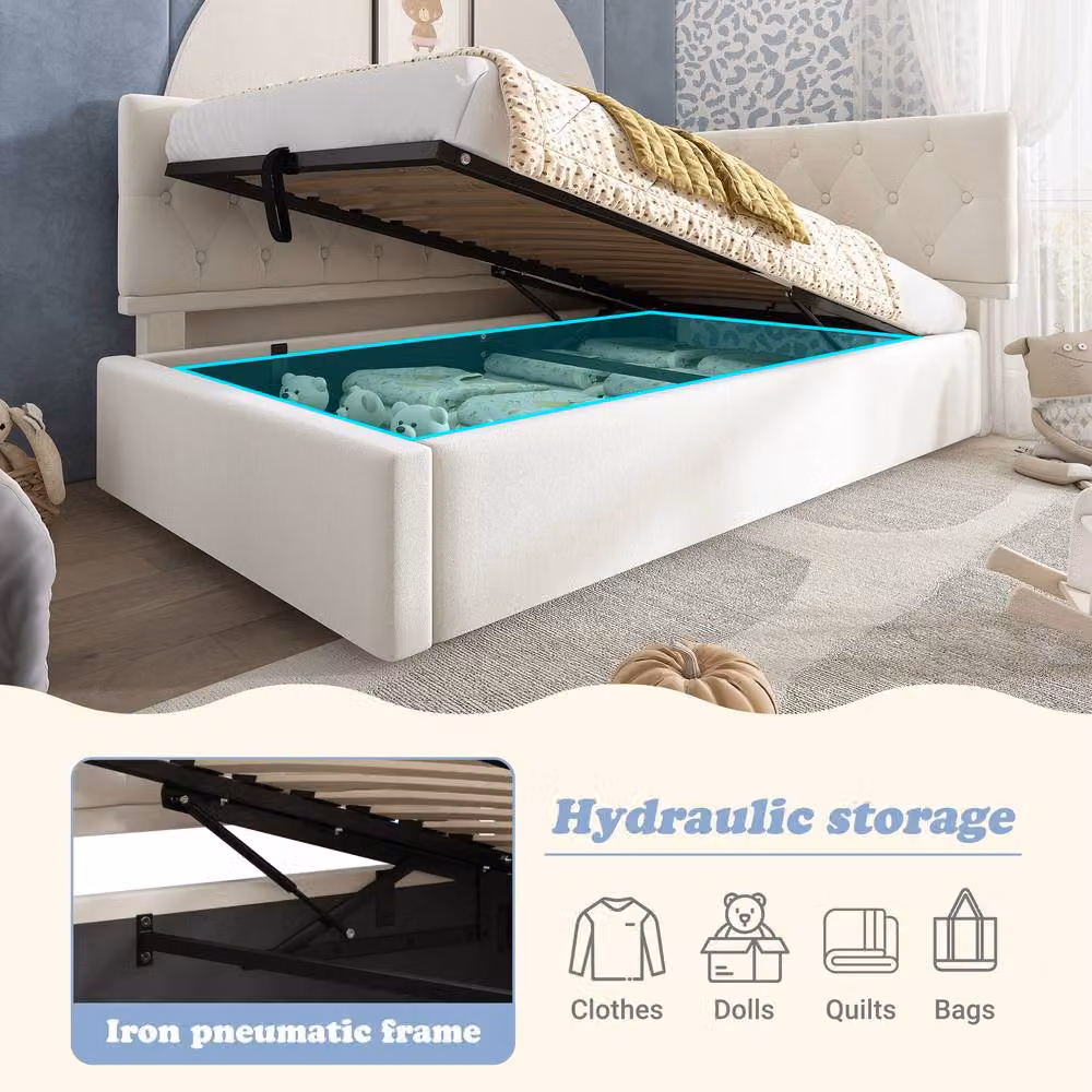 ModernLuxe Upholstered Single Ottoman Daybed with Hydraulic Lift-Up Storage in Beige – 4