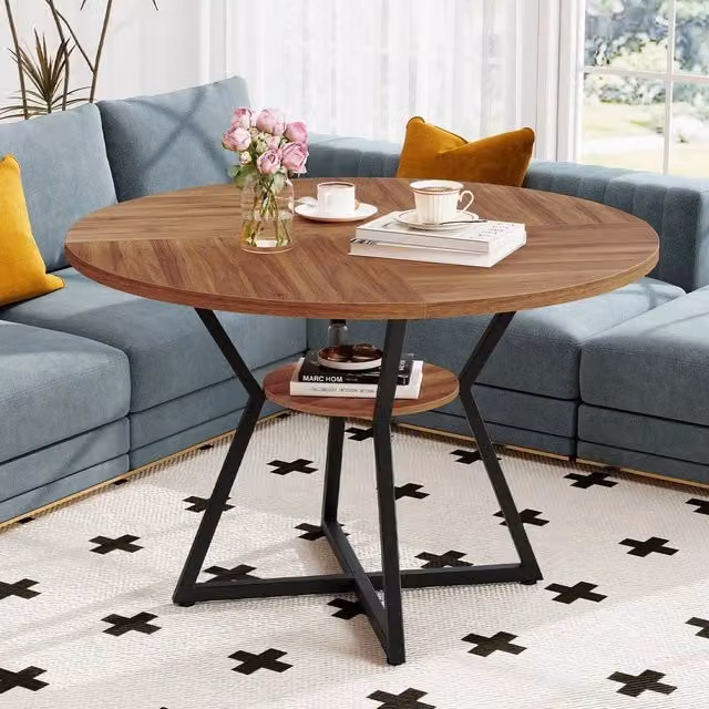 FORGEVIO Mid-Century Modern Round Dining Table in Brown and Black, Diameter: 118 cm, Height: 77 cm – 1