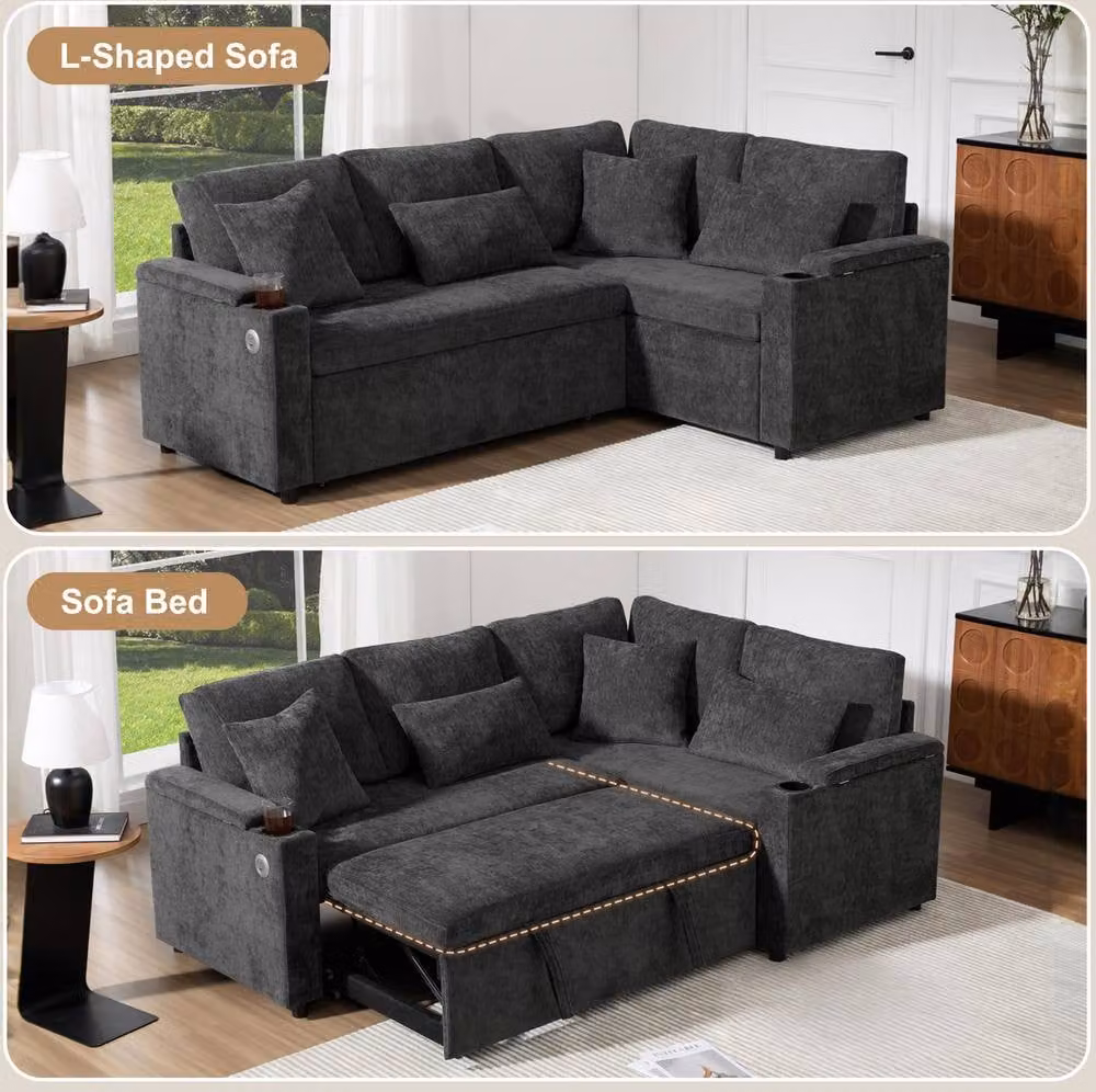 STILVORA L-Shaped 4-5 Seater Fabric Sofa Bed with Storage and USB Charging in Grey – 3