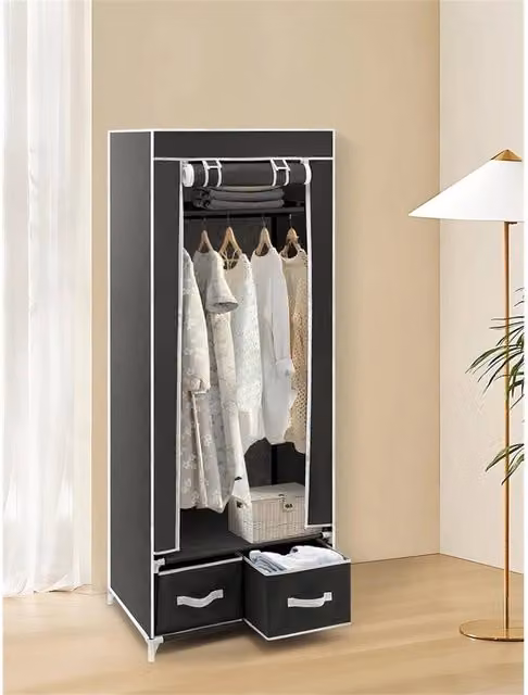 SPETLEK Portable Single Wardrobe in Grey with Integrated Drawers and Hanging Rod, H 160 x W 60 x D 43 cm