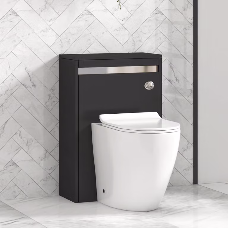 Royal Bathrooms Orion 540mm Matt Obsidian Black BTW WC Unit with Elva Rimless Short Projection Ceramic Toilet Pan, Slim Soft Close Seat and Cistern with Chrome Accent Trim