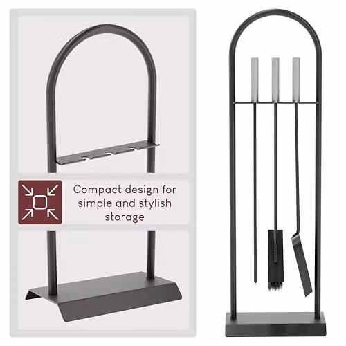 Fire Vida 4 Piece Arc Fireplace Companion Set in Black and Silver, H: 71.0 cm, W: 23.0 cm, D: 18.0 cm – 4