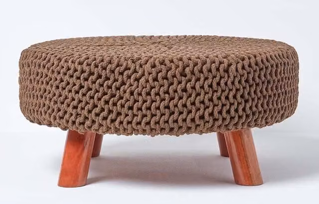 Homescapes Large Round Cotton Knitted Footstool on Legs in Brown – 1