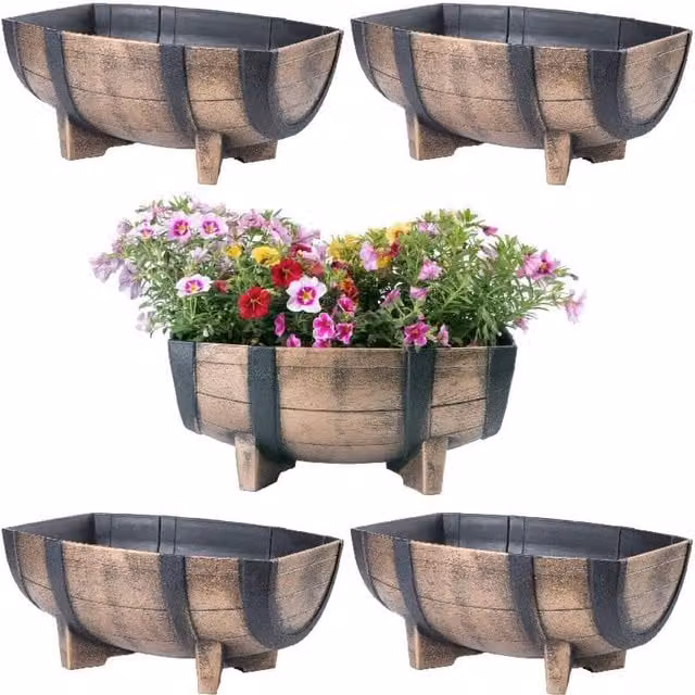 Faboer Set of 4 Brown Oak Wood Effect Half Barrel Flower Planter Pots