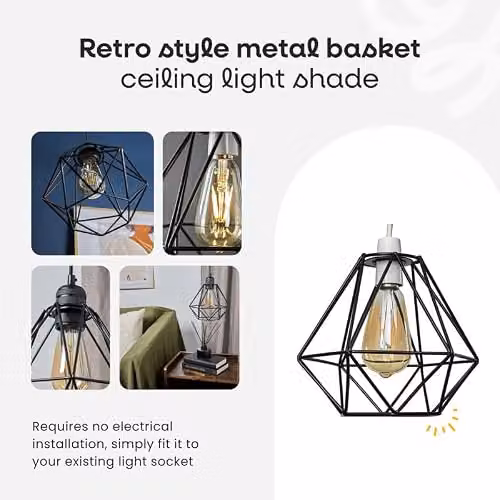 MiniSun Retro Style Black Metal Basket Pendant Ceiling Light Shade, Shade Width: 23.5 cm – 2