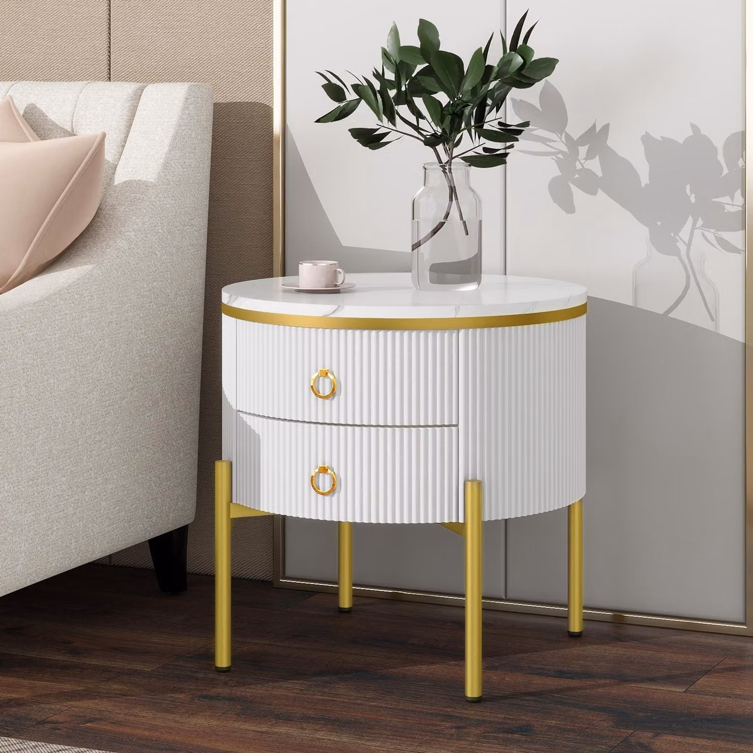 Aosom UK Modern Side Table with Marble-Effect Top and 2 Drawers in White and Gold, W/D/H: 50 x 50 x 51 cm – 3