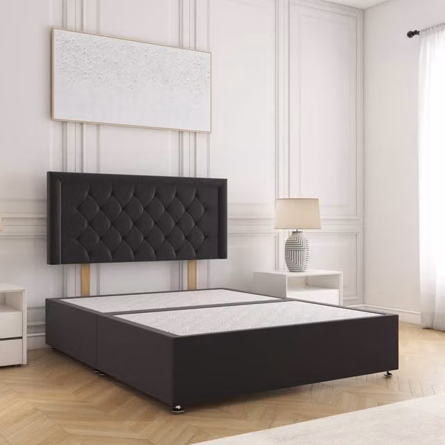 BSSPOKE Nova Plush Velvet Super King Divan Bed with 24 inch Headboard in Black, W/D/H: 200 x 200 cm