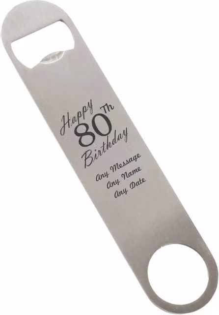 Uniqueful Personalised Happy 80th Birthday Stainless Steel Bar Blade Bottle Opener in Silver
