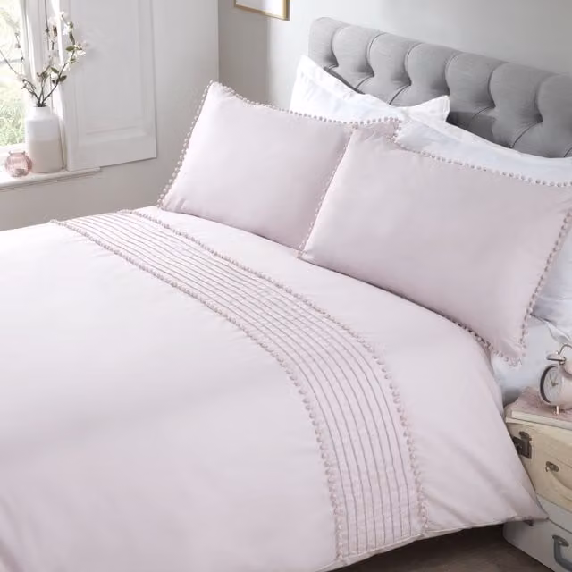 Rapport Home Pom Poms Polycotton Duvet Cover and Pillowcase Set in Pink, White and Grey, W: 180 cm, H: 200 cm