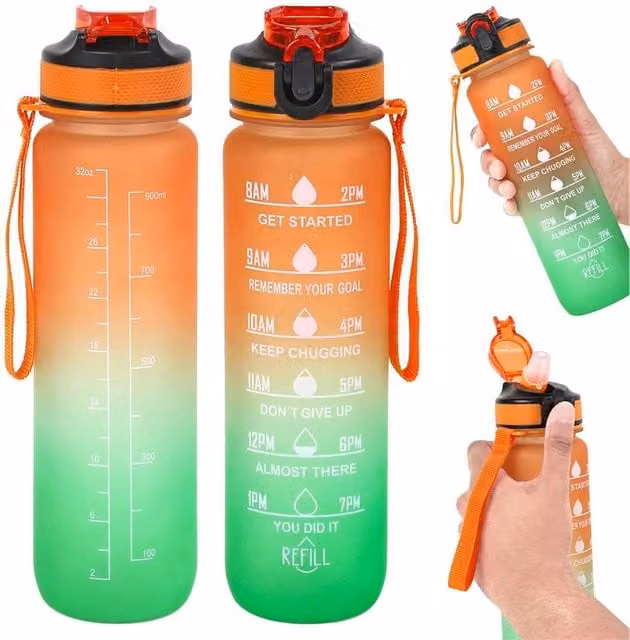 NESTLUNE BPA Free Sports Water Bottle with Straw, Green and Orange, 1 l