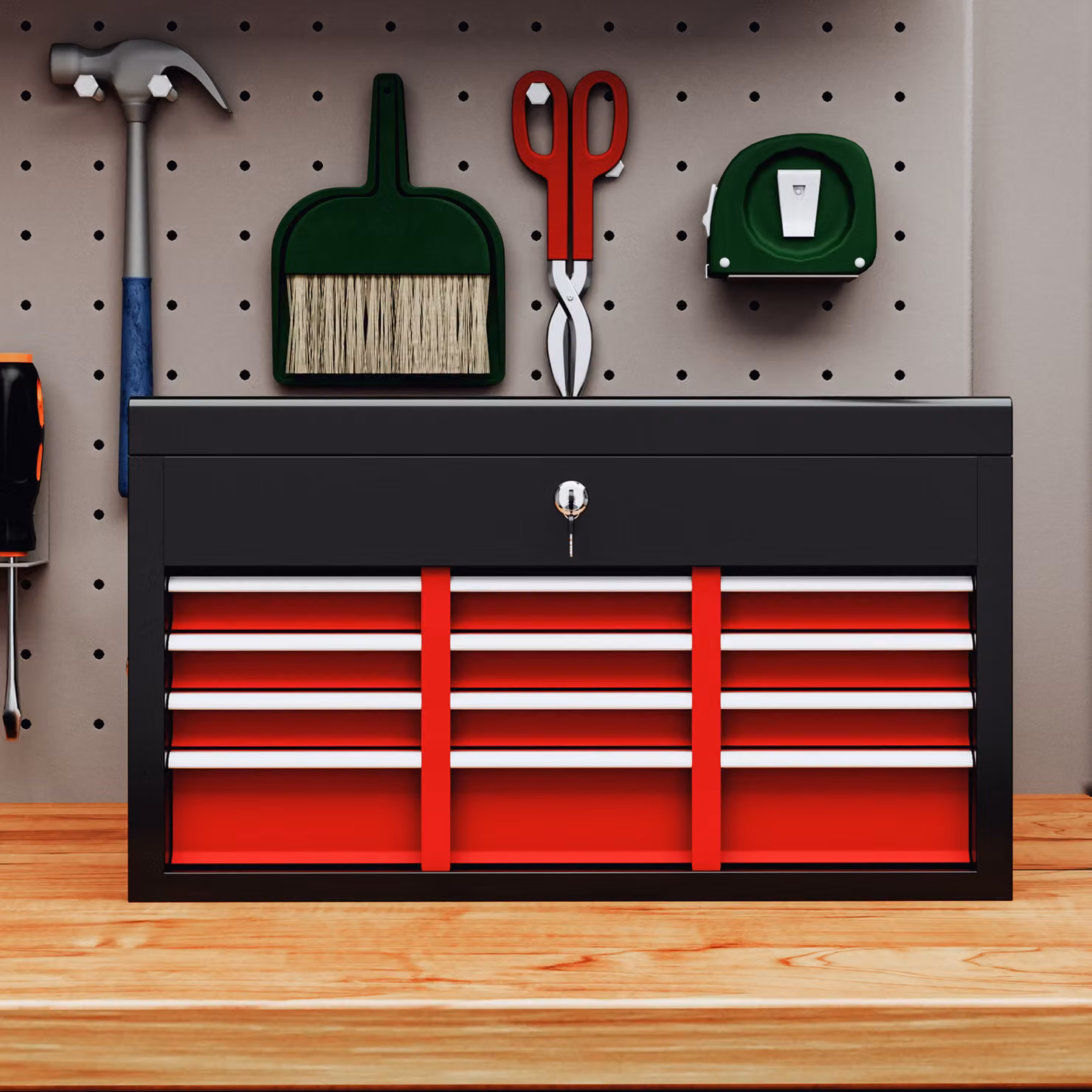 HOMCOM Red Metal 6 Drawer Tool Chest with Lockable Top Case and Ball Bearing Runners, W: 600 mm, D: 260 mm, H: 340 mm – 7