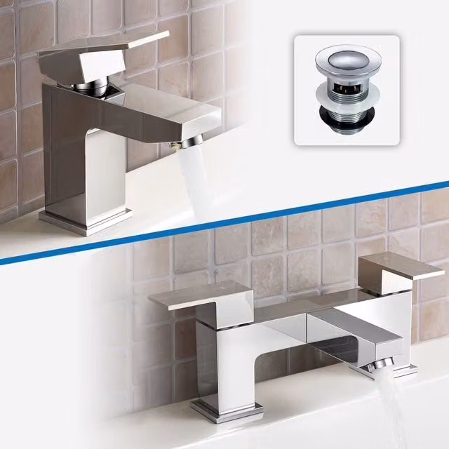 Nes Home Aldo Chrome Modern Basin Sink Mixer Tap, Bath Filler and Pop-Up Waste Set in Silver