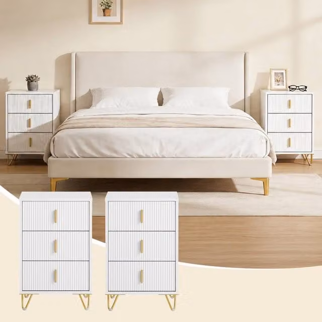 SoBuy Set of 2 White Bedside Tables with 3 Drawers, Ribbed Front and Gold Legs, Height: 63 cm