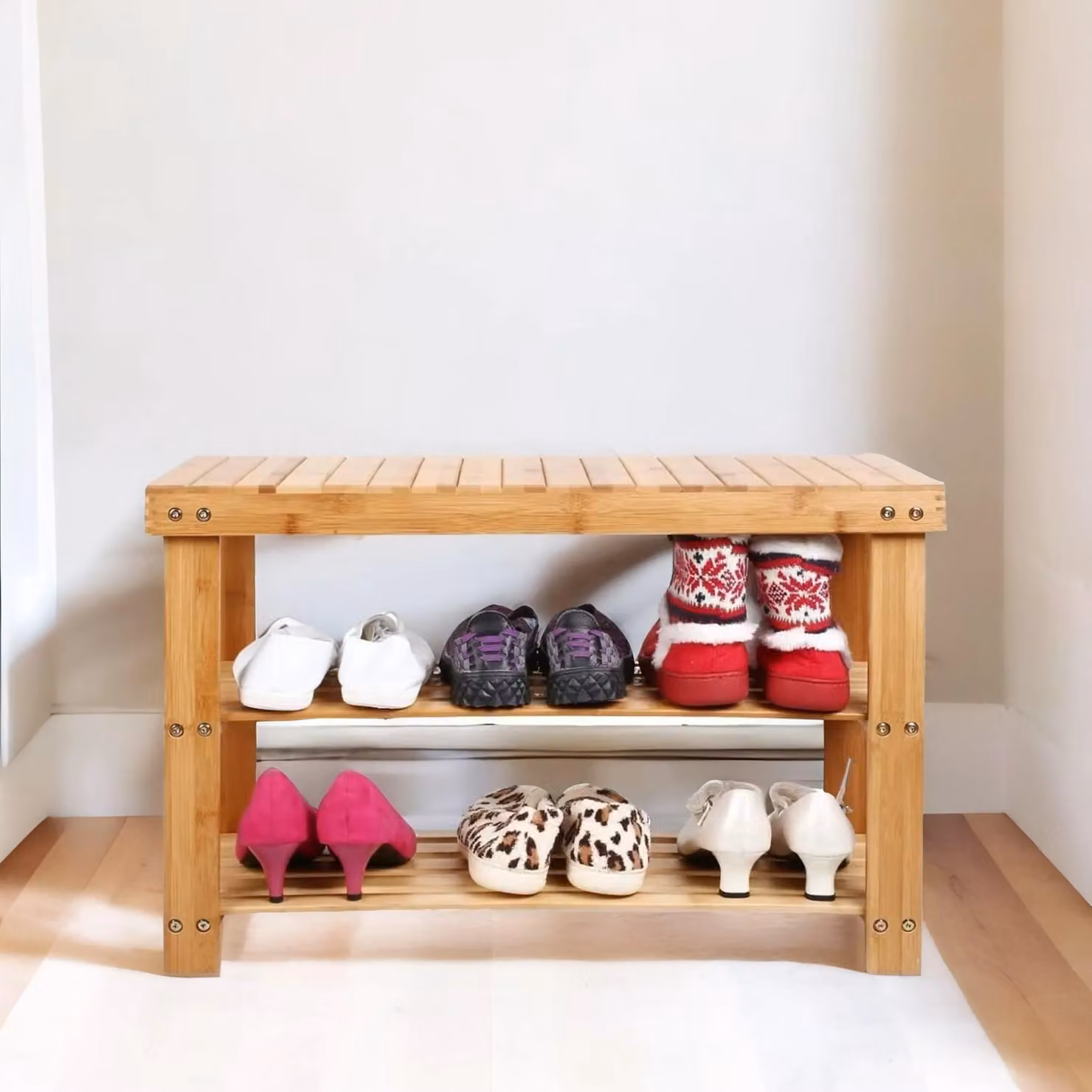 Rafaelo Mobilia 2 Tier Bamboo Shoe Storage Bench in Brown, W/D/H: 60 x 27 x 42 cm – 3
