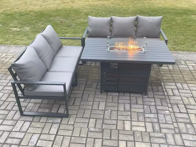 Fimous Aluminium 6 Seater Outdoor Garden Lounge Sofa and Gas Fire Pit Dining Set in Dark Grey