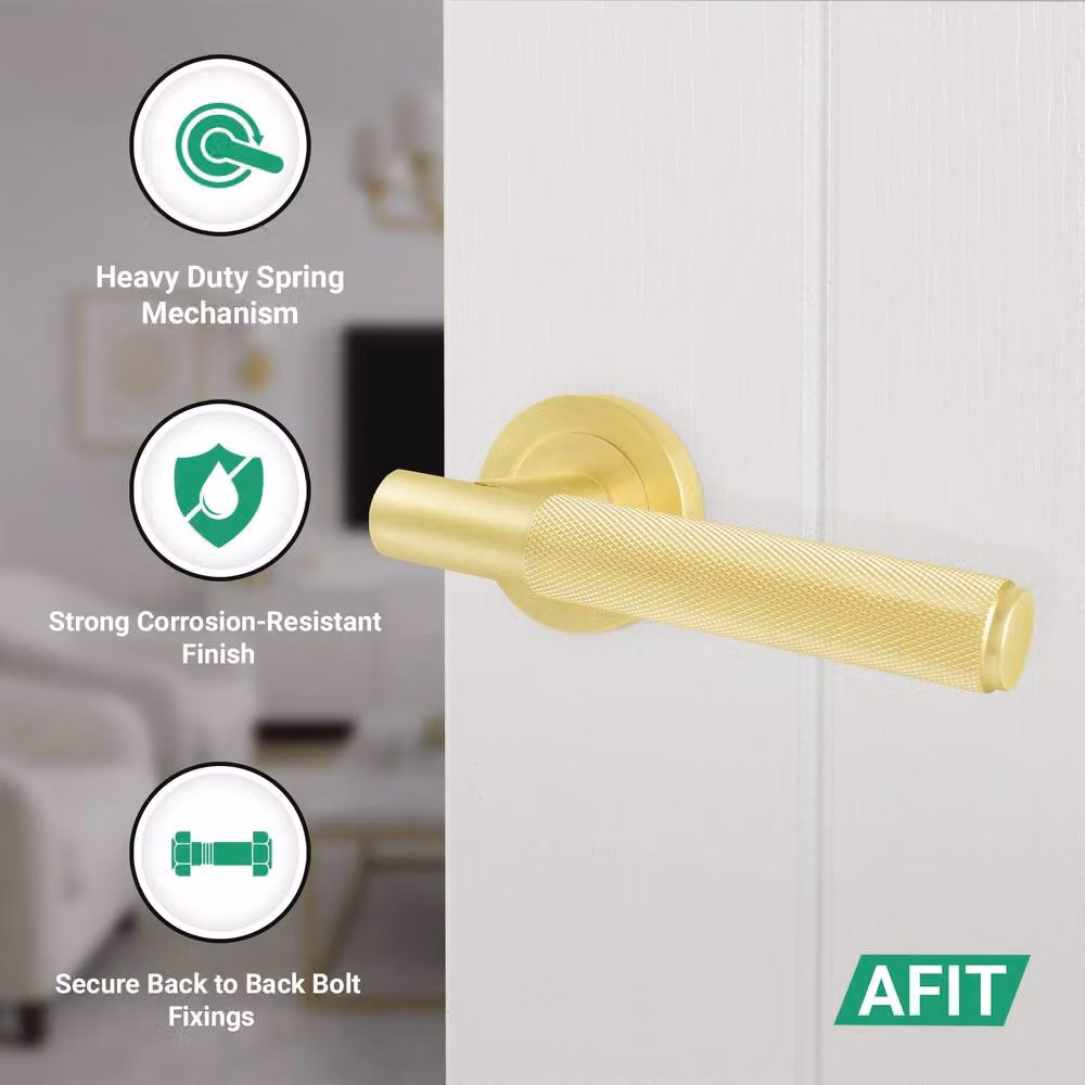 AFIT Satin Brass Knurled Round Rose Door Handles with Latch, Gold, 1 Pair – 2