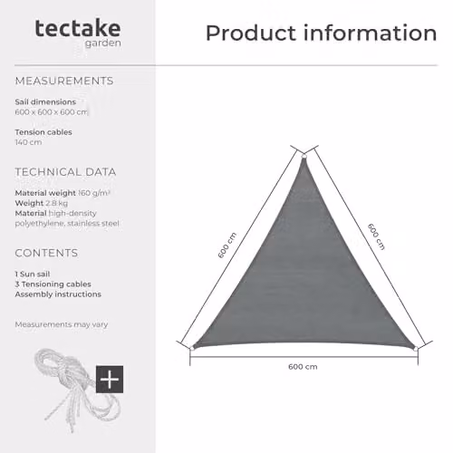 tectake Triangular Sun Shade Sail in Grey with UPF 50+ UV Protection, HDPE Polyethylene Fabric, W/D/H: 360 x 360 x 360 cm – 6