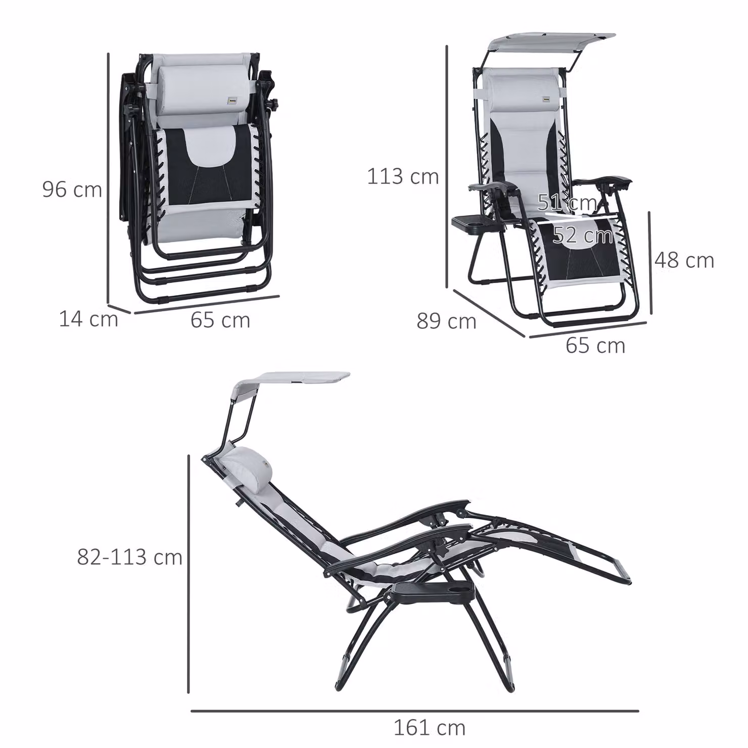 Outsunny Zero Gravity Garden Loungers in Grey with Sun Canopy, Cup Holders and Adjustable Headrest – 3