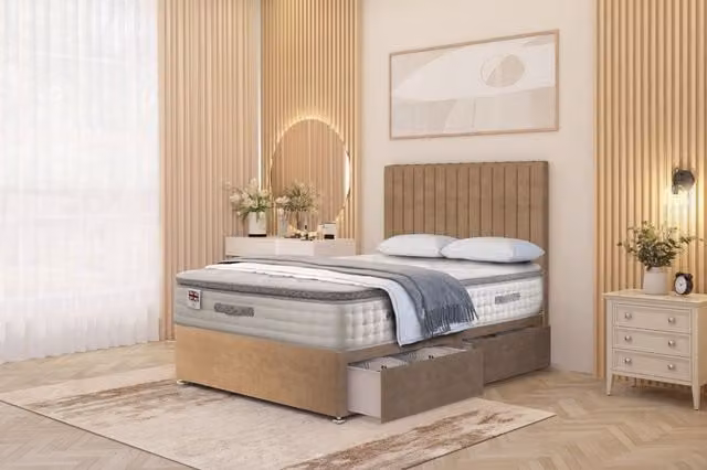Somnior Eleanor Plush 2 Drawer Divan Bed Set with Pillowtop and 54 inch Headboard, Beige, W/D/H: 180 x 200 x 137.16 cm